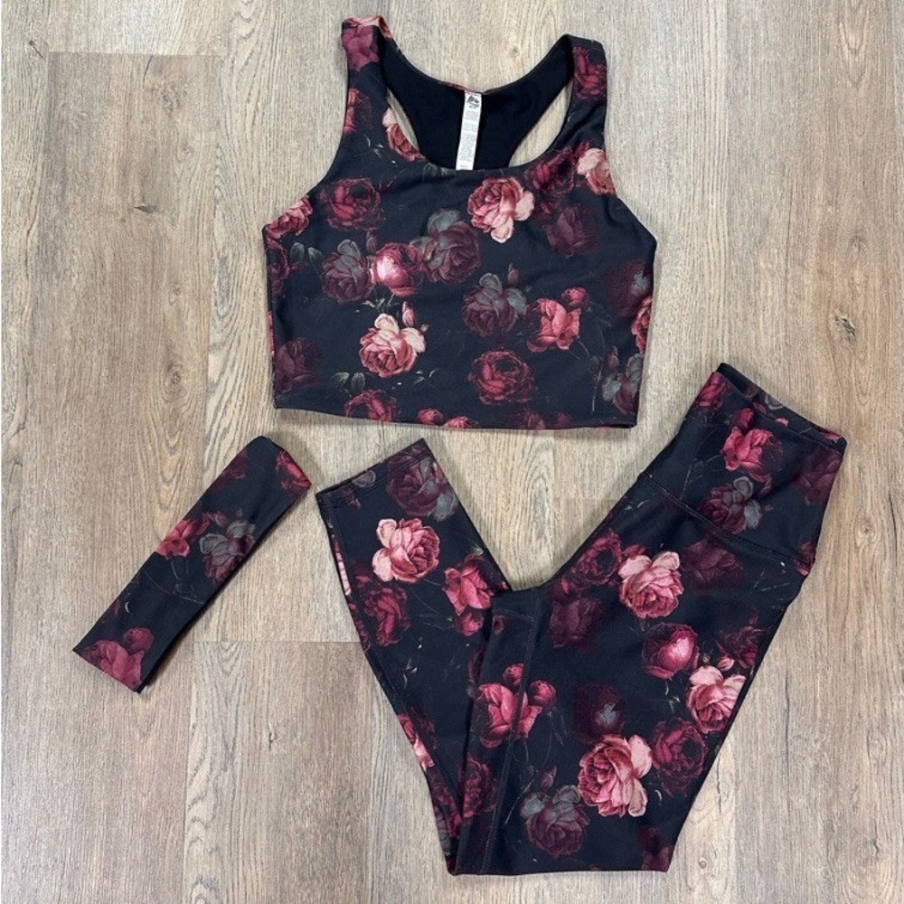 RBX 3 Piece Set Floral Sports Bra Leggings Headband Size M Yoga Pilates Active